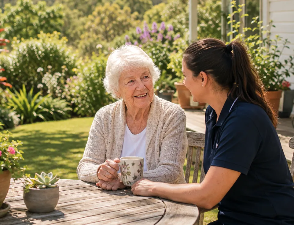 Older woman talking with an East Coast Care Connect support worker at home.