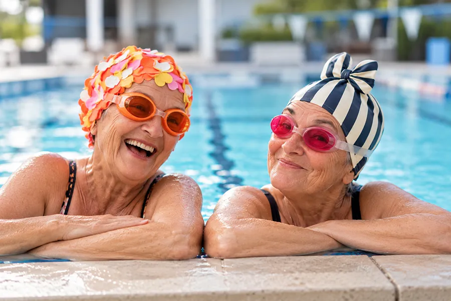 Two older women enjoying a swim together in a pool, wearing colourful swim caps and goggles.