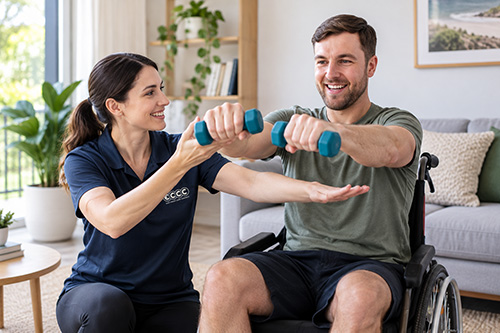 Support worker assisting an NDIS participant with exercises at home.